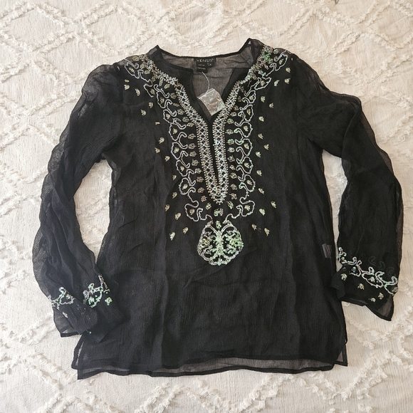Venus 100% Silk Black Swimsuit Cover Up With Irridecent Sequins Small - Picture 1 of 7